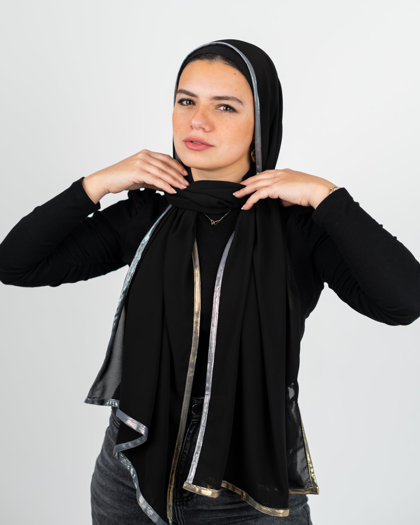 Luxe metallic scarf.